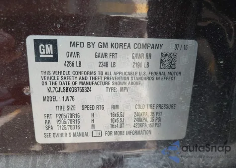 2016 Chevrolet Trax Lt from USA, damaged, VIN KL7CJLSBXGB755324